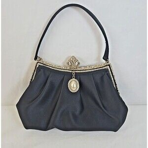 Kate Landry Black Satin With Rhinestone Trim Evening Bag Clutch Crown Queen